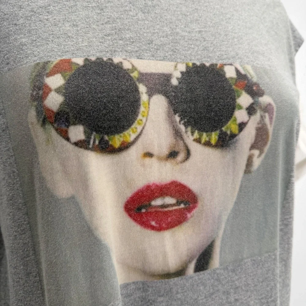 RD Style Graphic T-Shirt Dress Gray Cotton Puff Sleeve Pop Art Cold Shoulder L - Picture 7 of 10